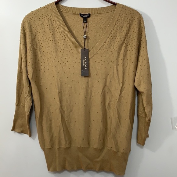 Talbots | NWT Tan Brown Silk Cotton Lightweight Beaded V-Neck Pullover Sweater S - Picture 1 of 17